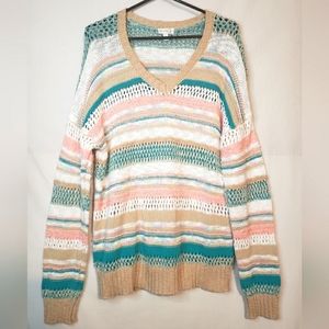 Olivia Sky Multicolored Chrocheted V Neck Sweater Stripes Size Large